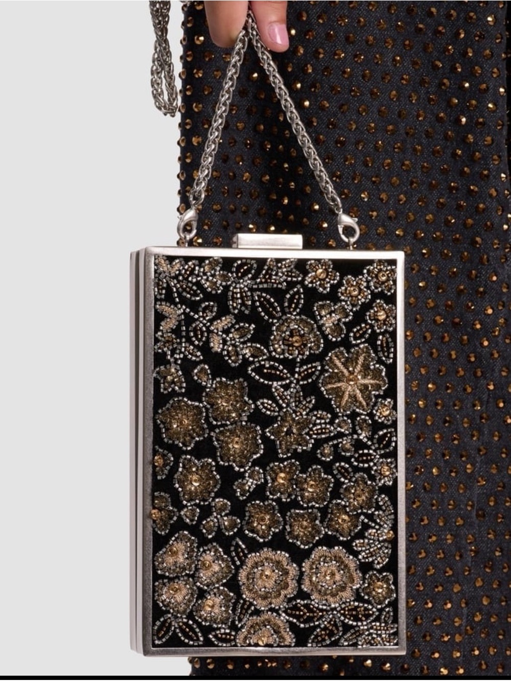 Alice + Olivia Embellished Floral Box Clutch - Black & Gold NWT